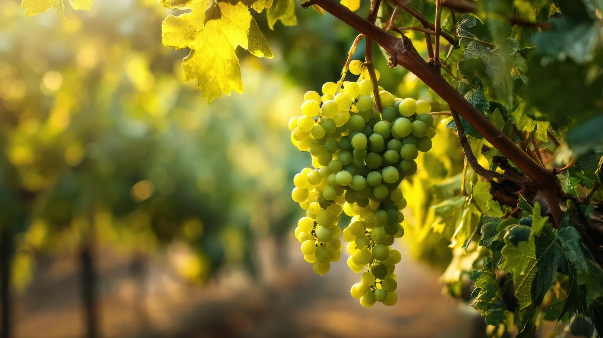 Racimo de uvas blancas colgando de la vid en luz dorada, con las hileras del viñedo desenfocadas