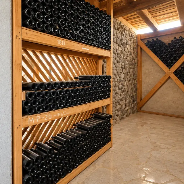 Bodega rústica con estantes de madera llenos de botellas, pared de piedra y techo de vigas