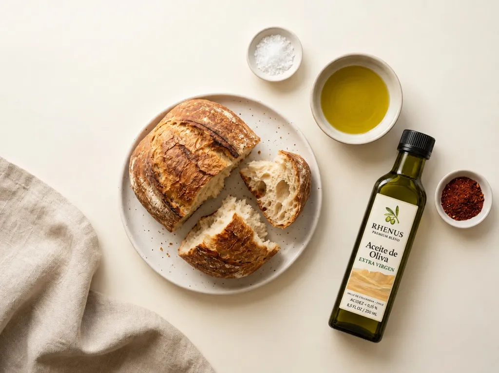 Pan rústico partido con aceite de oliva, sal en escamas, merkén y una botella de aceite de oliva Rhenus, sobre fondo marfil