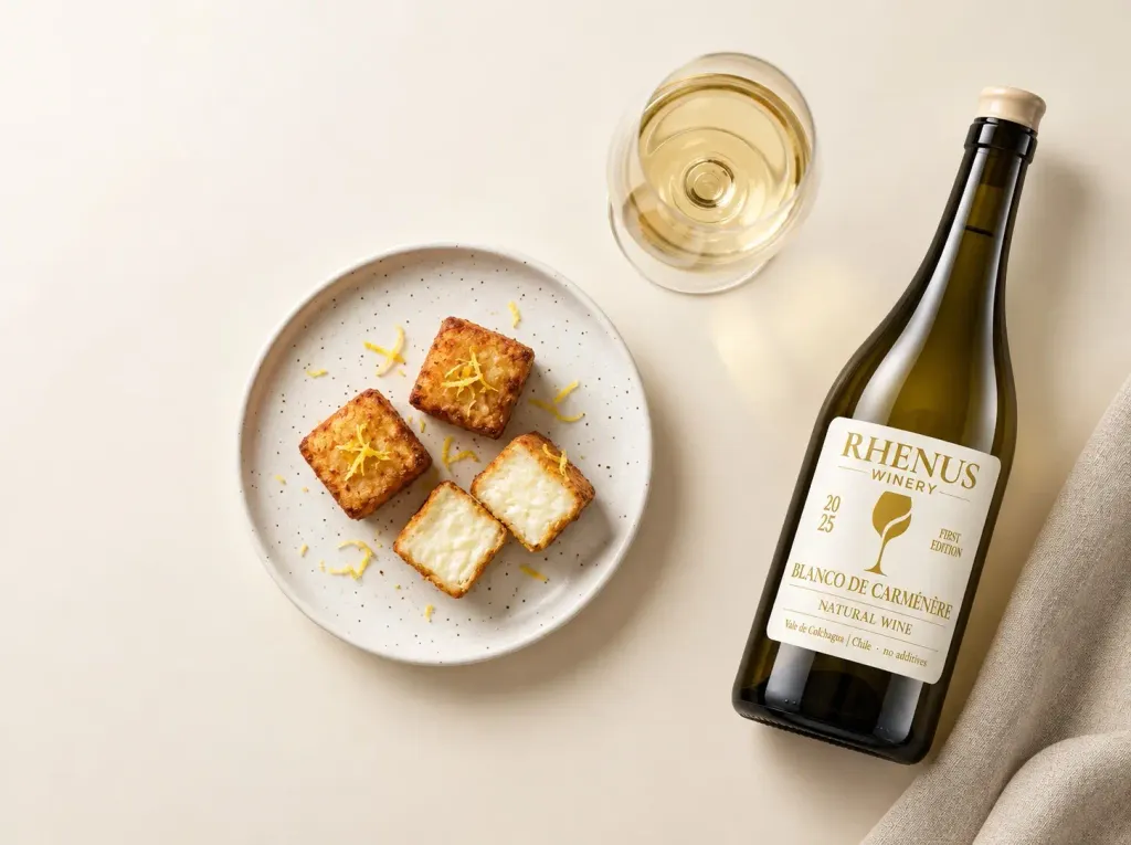 Cubos dorados de tapioca con ralladura de limón, una copa y una botella de vino blanco, sobre fondo marfil
