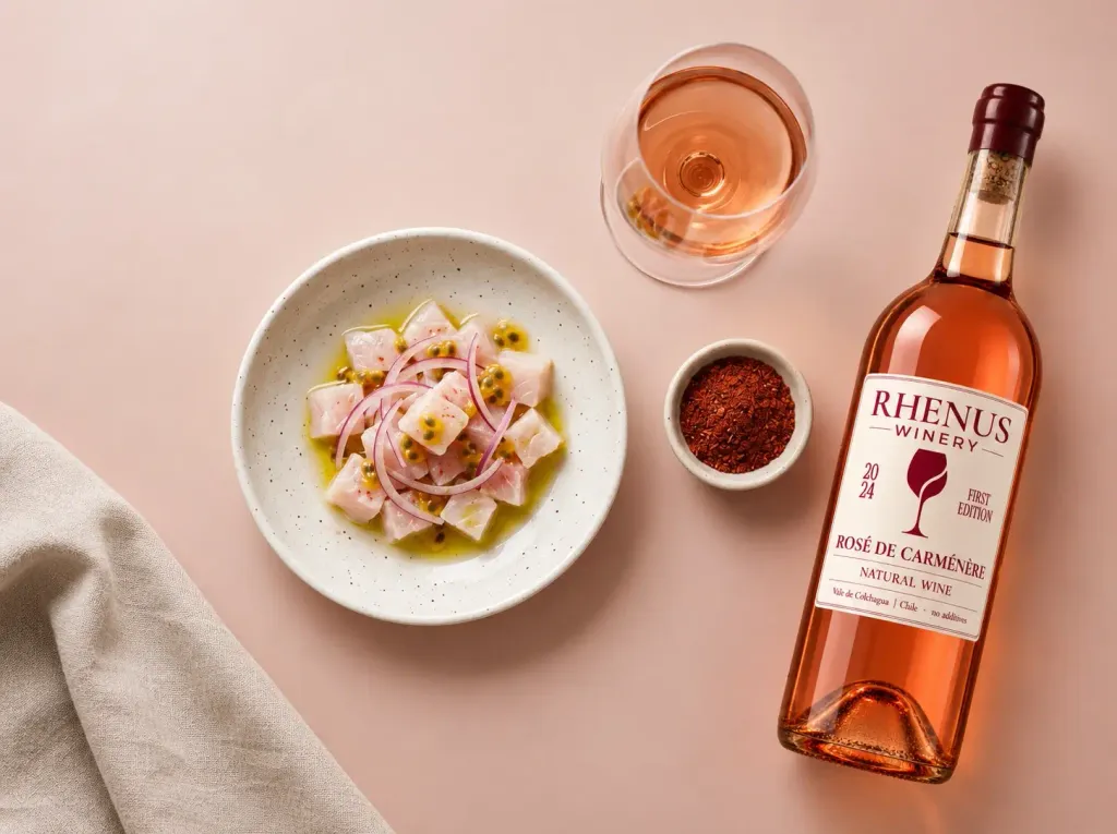 Ceviche con cebolla morada y maracuyá, merkén, una copa y una botella de rosé de Carménère, sobre fondo rosado