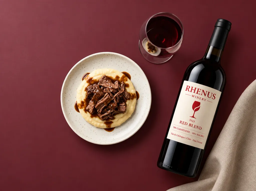 Carne desmechada sobre puré cremoso, una copa y una botella de vino tinto Rhenus, sobre fondo burdeos