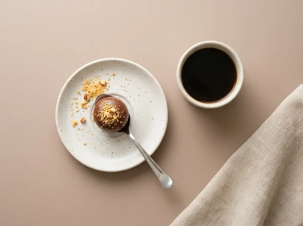 Cuchara con brigadeiro de chocolate y castañas junto a una taza de café, sobre fondo arena