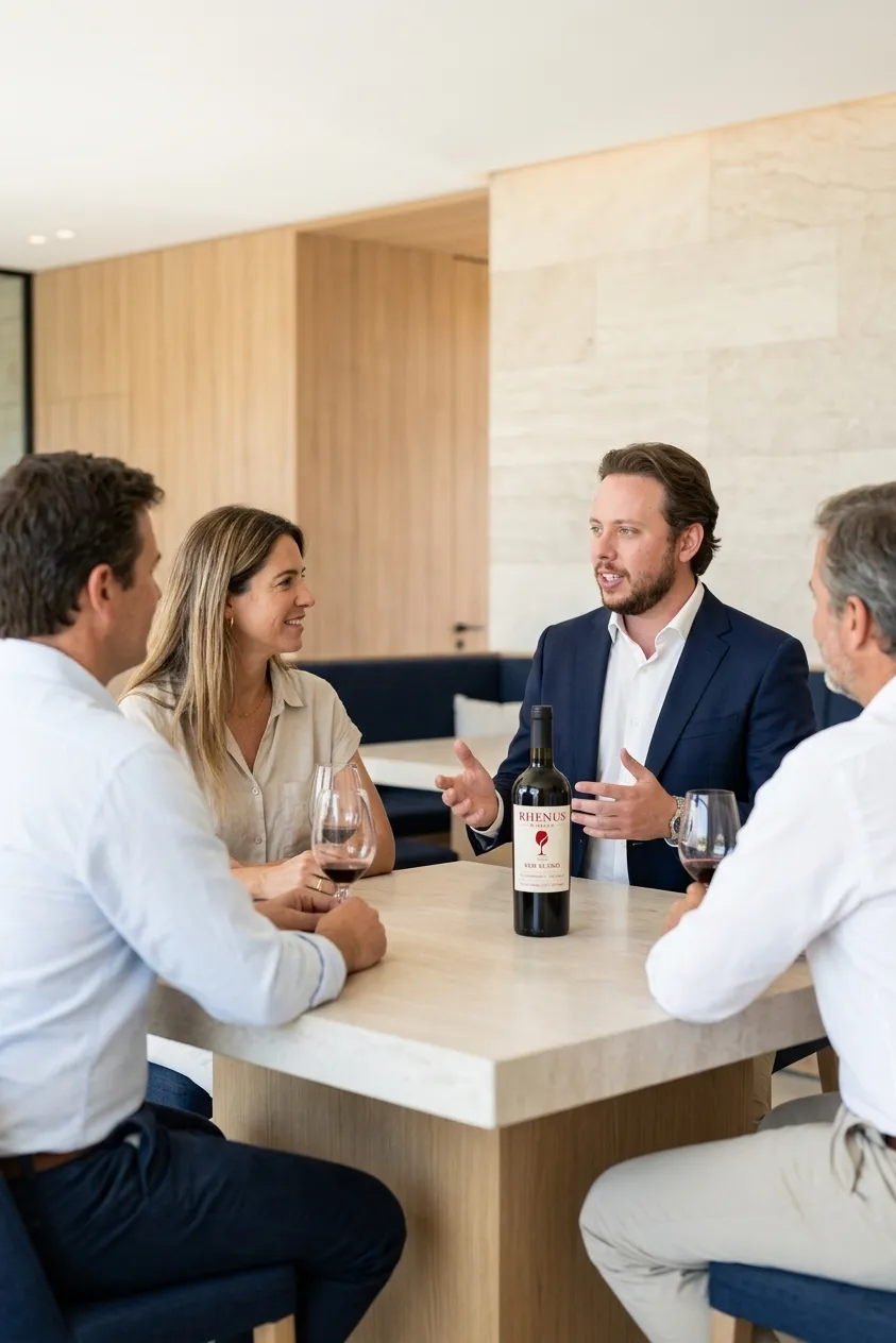El anfitrión conversa con tres invitados en torno a una mesa de piedra, con copas de vino tinto y una botella de Rhenus Red Blend