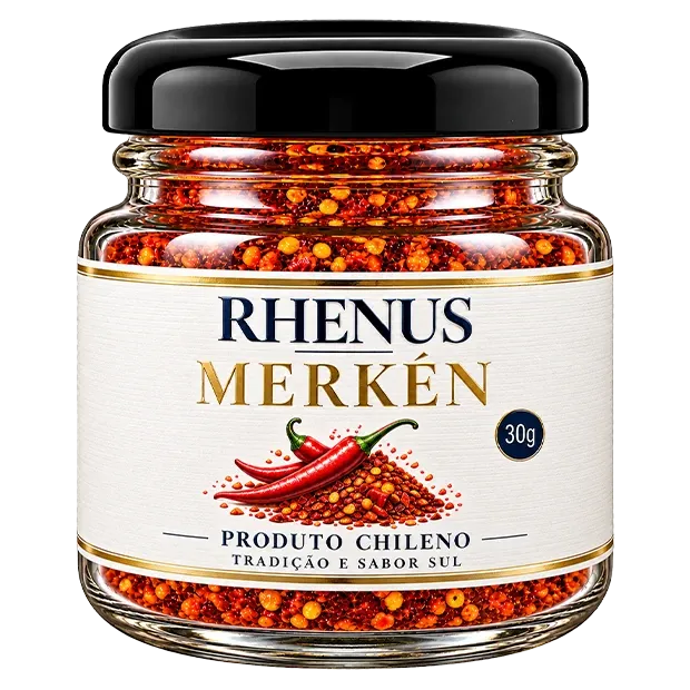 Frasco de merkén Rhenus de 30 g, con el ají molido a la vista y ajíes rojos ilustrados en la etiqueta