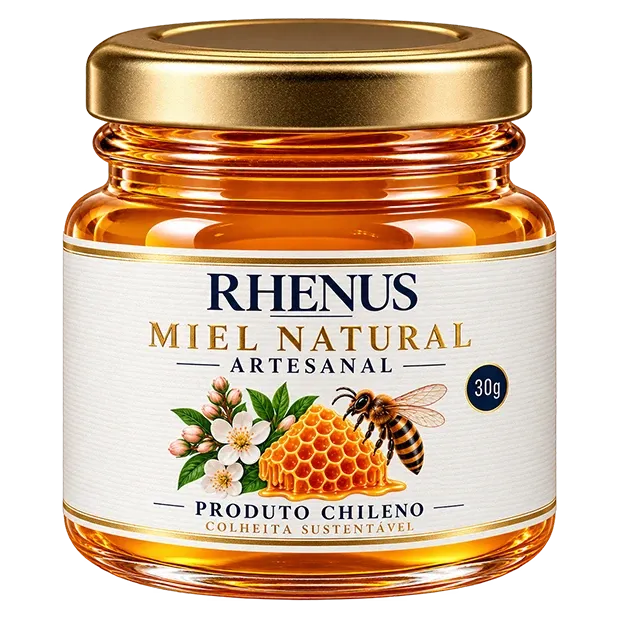 Frasco de miel natural artesanal Rhenus de 30 g, con tapa dorada y etiqueta ilustrada con panal, abeja y flores