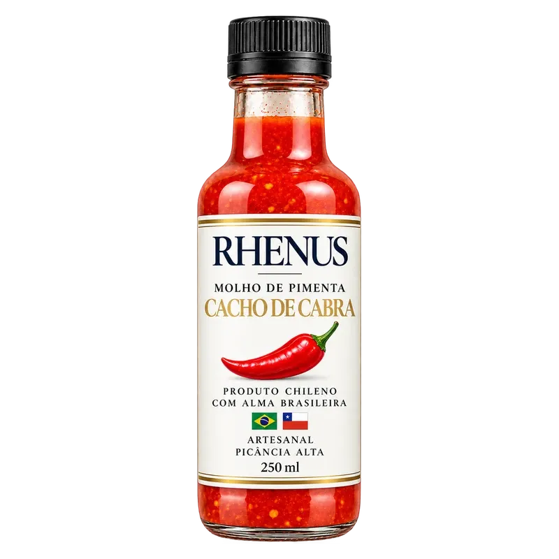 Botella de 250 ml de salsa de ají cacho de cabra Rhenus, con tapa negra y la salsa roja a la vista