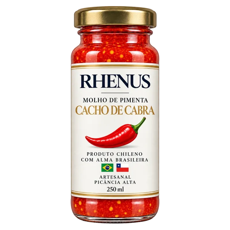 Frasco de 250 ml de salsa de ají cacho de cabra Rhenus, con tapa dorada y la salsa roja a la vista