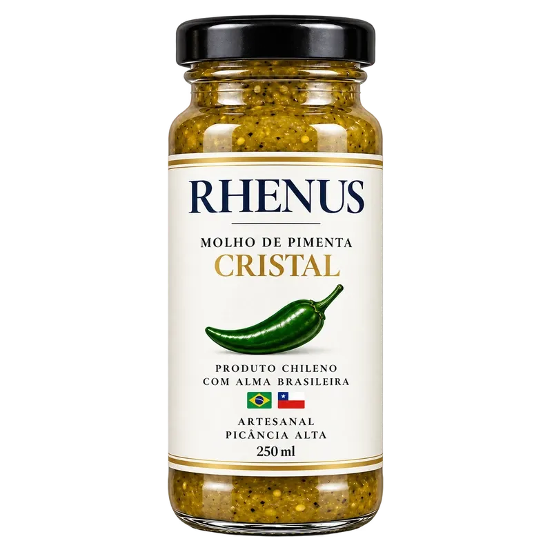 Frasco de 250 ml de salsa de ají cristal Rhenus, con tapa negra y la salsa verde a la vista