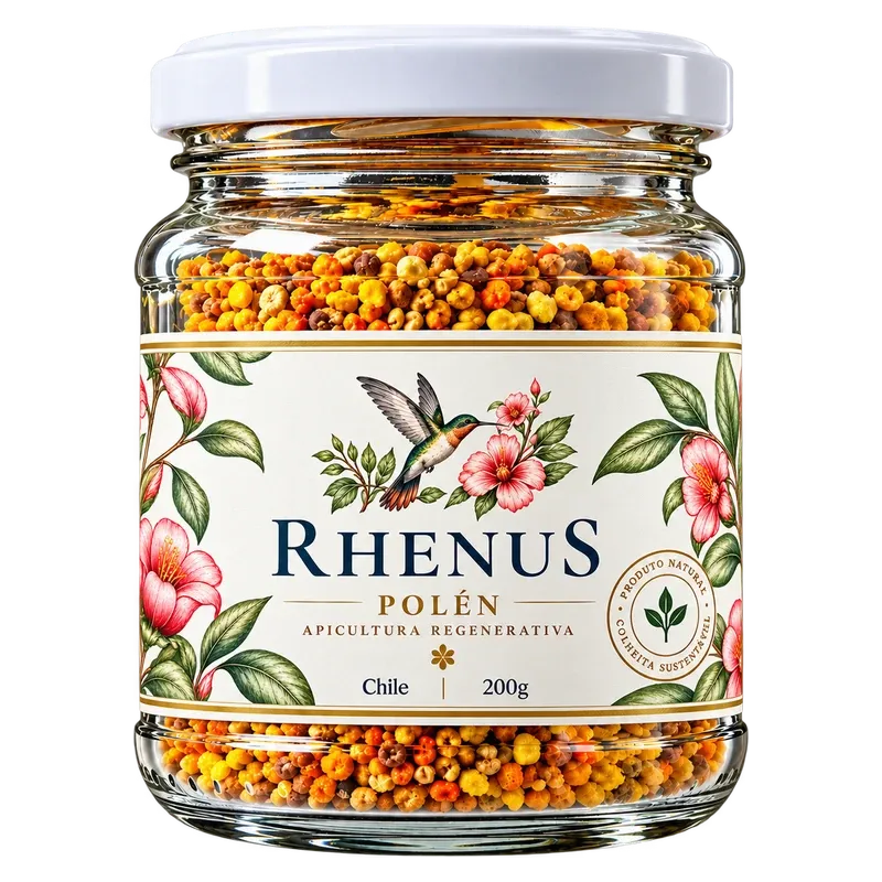 Frasco de vidrio de polen de abeja Rhenus de 200 g, con tapa blanca, los granos de colores a la vista y etiqueta ilustrada con un picaflor y flores