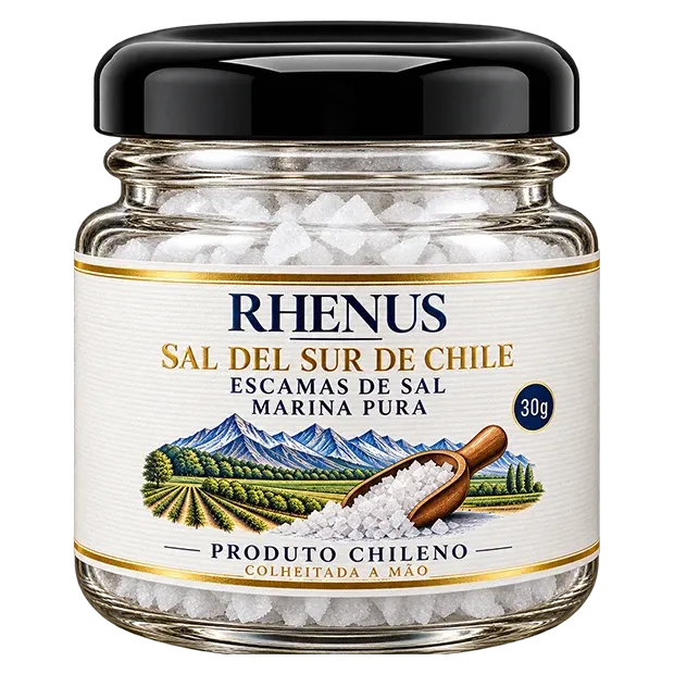 Frasco de escamas de sal marina Rhenus, Sal del Sur de Chile, de 30 g, con etiqueta ilustrada con montañas, viñedos y una pala de sal