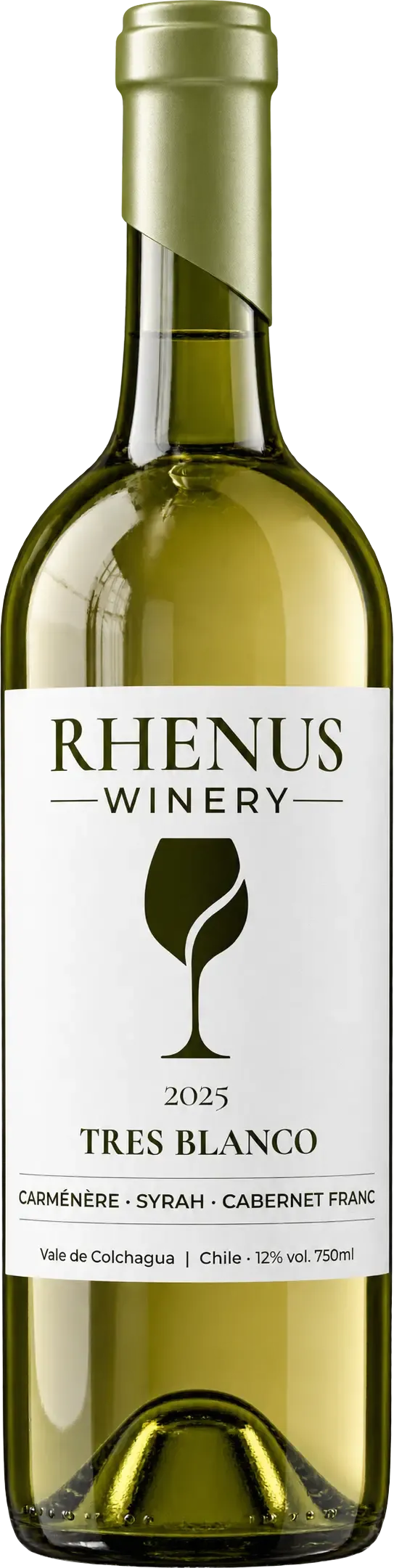Botella de Tres Blanco 2025, vino tinto de Carménère, Syrah y Cabernet Franc