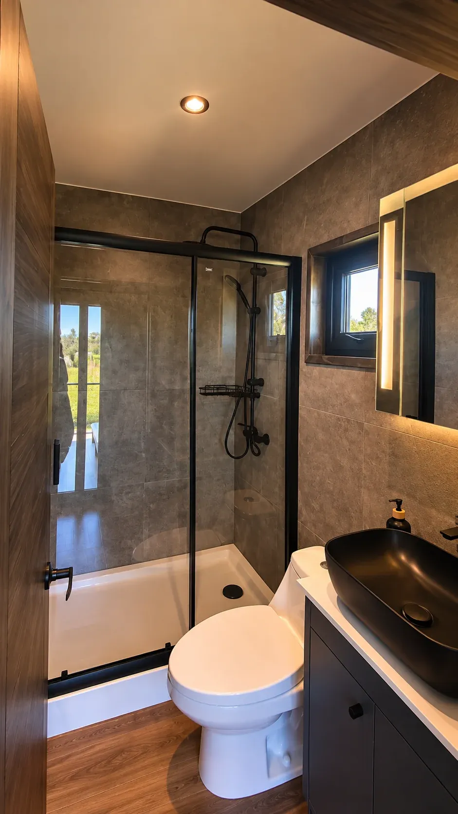 Baño del Rhenus Wine Lodge, con ducha de obra y ventana al viñedo
