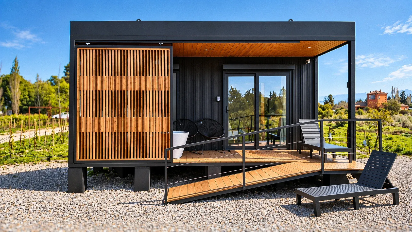 El Rhenus Wine Lodge de frente, al sol: la celosía de madera, la puerta de vidrio, la rampa y las tumbonas en la terraza, con el viñedo al lado