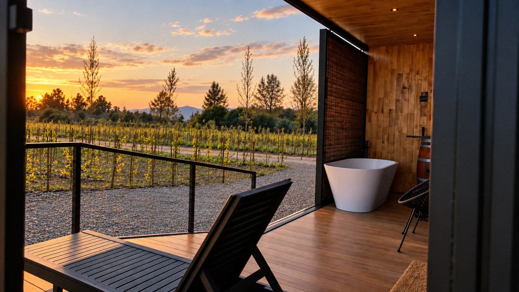 Atardecer visto desde la terraza del Rhenus Wine Lodge: la tina, la madera del interior y el sol bajando detrás de los cerros, sobre las hileras del viñedo