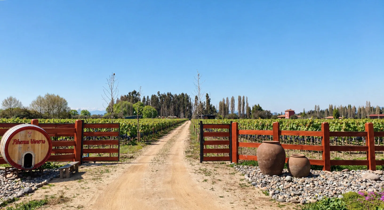 El portón de entrada de Rhenus, con el barril del letrero y dos tinajas de greda junto al camino de tierra que lleva al viñedo